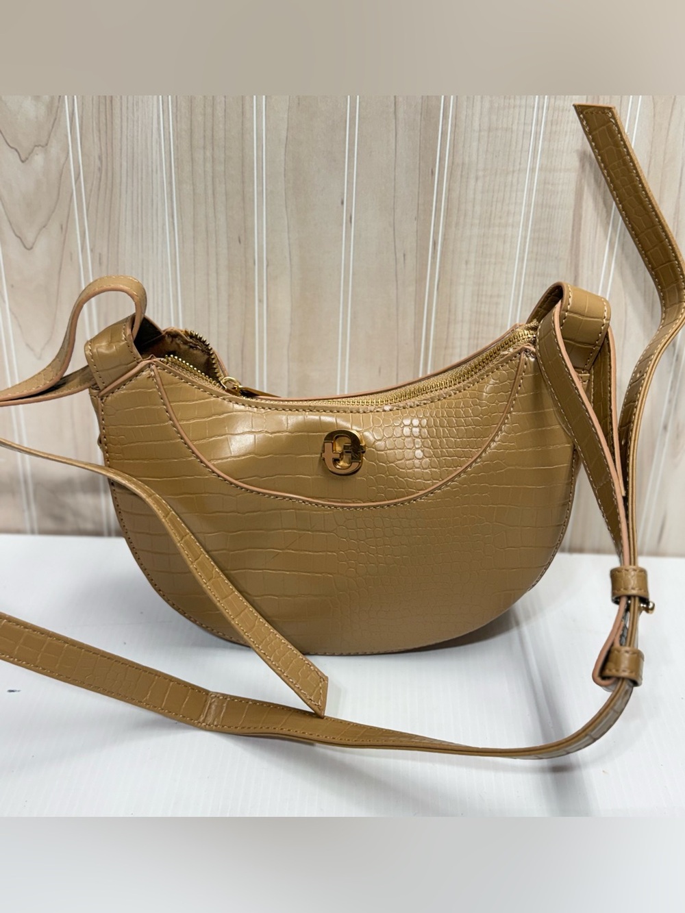 Tan Croc-Embossed Crescent Crossbody Bag